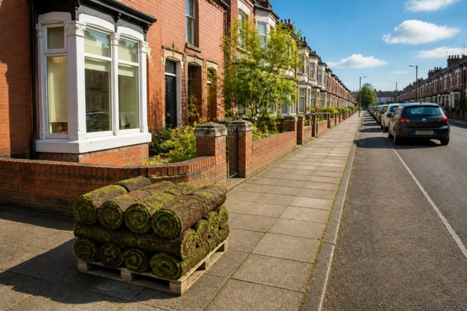Stack of turf rolls on the pavement outside a bay-windowed red brick terrace